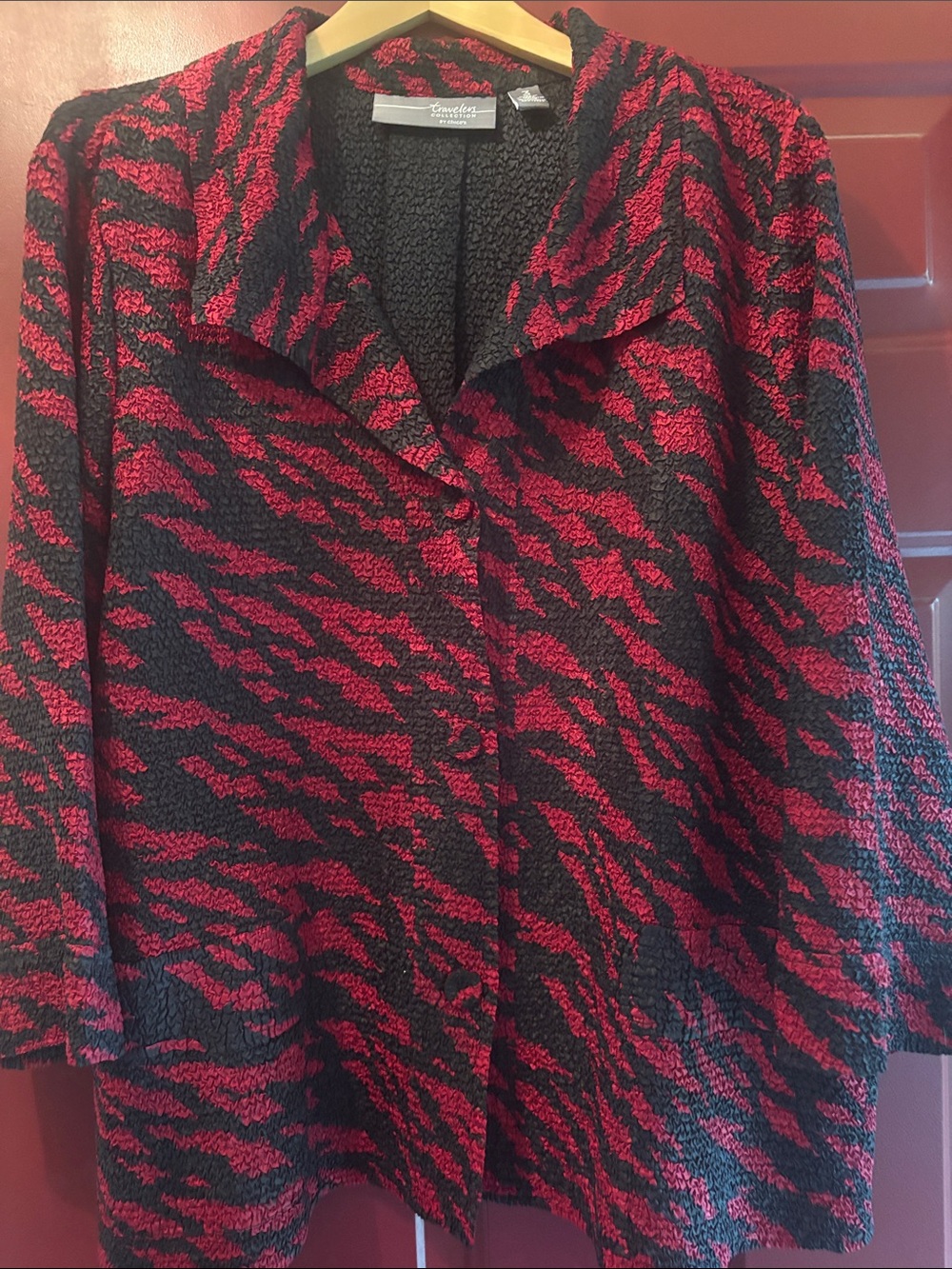 Chico’s Travelers Collection Red & Black Textured Animal Print  Button Jacket 3